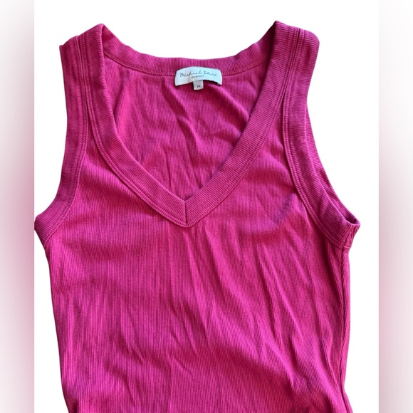 Michael Stars Ribbed V-Neck Lori Midi Slit Bodycon Dress Pink Fuchsia- Xs FLAW - Picture 5 of 9